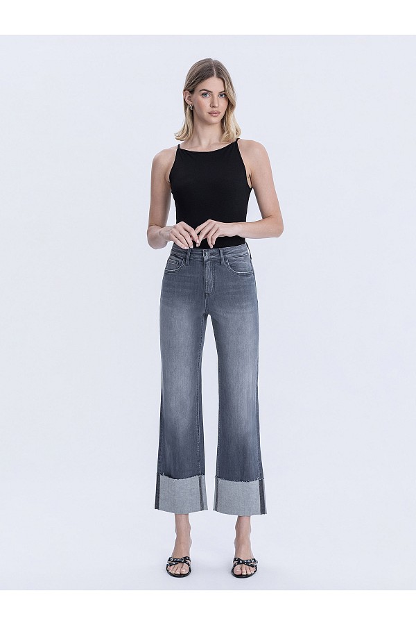 HIGH RISE DARK GREY CUFFED SLIM WID...